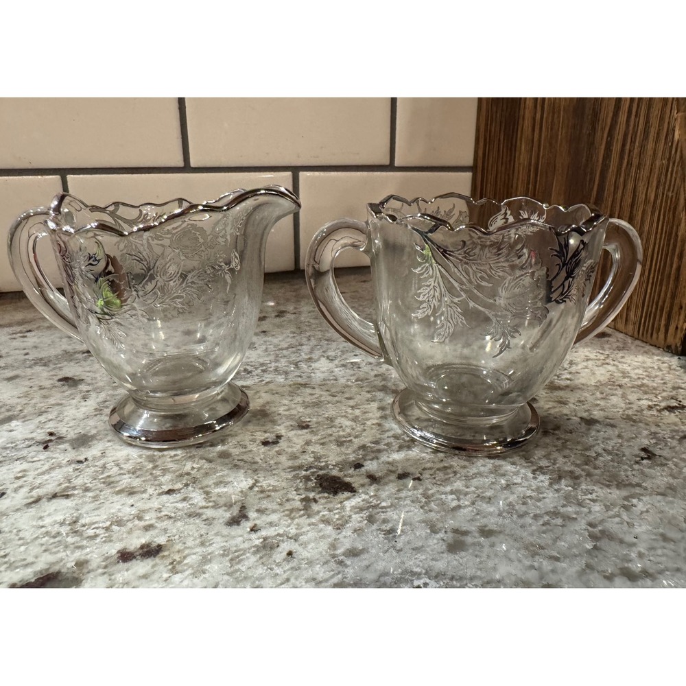 Vintage Glass Creamer and Sugar Bowl Set Silver Overlay Floral Scalloped Rim MCM
